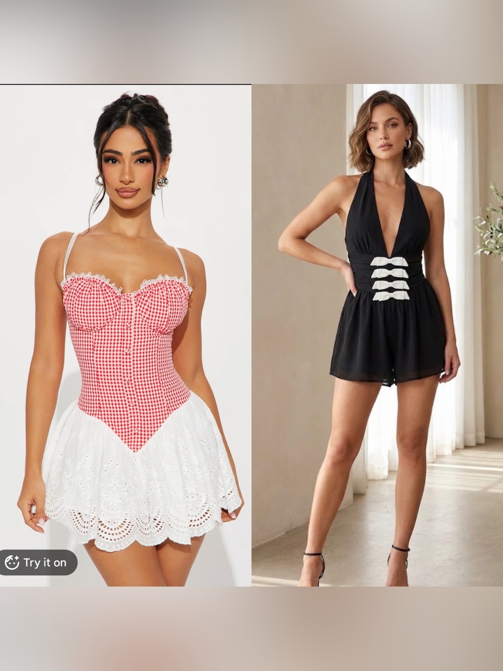 2- Fashion Nova Rompers! Red Gingham & White Lace Romper + Black Halter Rompers